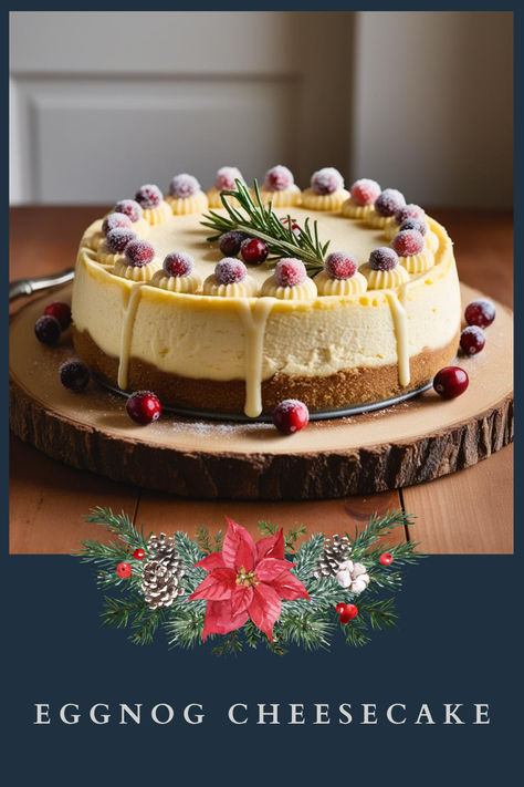 Bring the cozy flavors of the season to your dessert table with this Eggnog Cheesecake! Creamy, spiced with nutmeg, and topped with whipped cream, it’s the perfect indulgence for Christmas gatherings. 🎄🥧✨  Pin this recipe to make your holiday celebrations extra sweet and festive! Christmas Baked Cheesecake, Christmas Cherry Cheesecake, Christmas Cheesecake Flavors, Desserts With Eggnog, Eggnog Desserts Christmas, New Year’s Eve Cheesecake, Christmas Cheesecakes Ideas, Candycane Cheesecake, Egg Nog Cheesecake Recipe