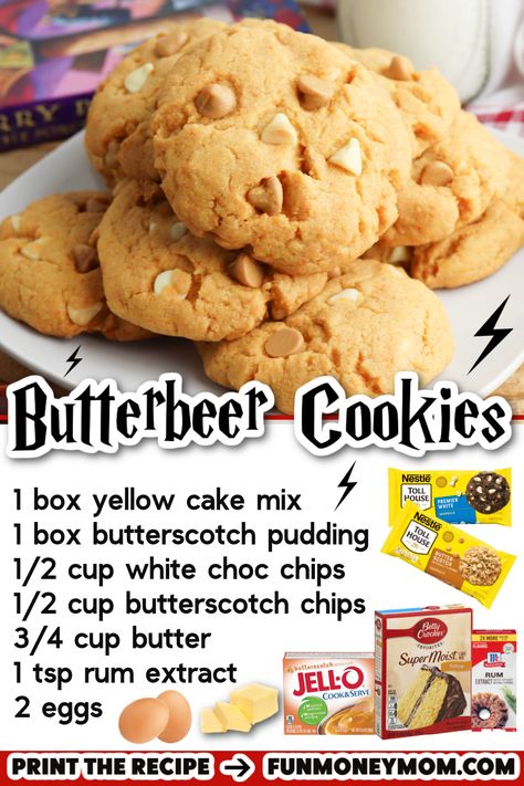 Harry Potter Themed Baked Goods, Butterbeer Cookies Recipe, Easy Harry Potter Desserts, Butterbeer Cookies Harry Potter, Harry Potter Cookie Recipes, Harry Potter Christmas Desserts, Hogwarts Appetizers, Harry Potter Butterbeer Cookies, Harry Potter Bakery