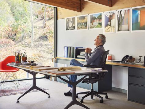 Outward Facing Desk, Office With Window Behind Desk, Workshop Interior Design, Desk In The Living Room, Architect Desk, Organized Desk, Aeron Chair, Designer Desk, Design Studio Workspace