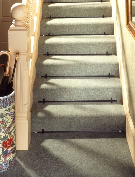 Homepride-stair-rods-for-fitted-carpets-with-a-front-fix-bracket - CarpetRunners.co.uk Carpet Rods, Stair Carpet Rods, Cottage Stairs, Carpet Treads, At Home Decor, Door Thresholds, Hall Carpet, Stair Rods, Carpet Fitting