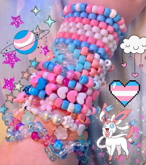 Trans Kandi Bracelet, Clown Kandi Pattern, Trans Kandi Cuff, Trans Kandi, Clown Kandi, Kawaii Kandi, Kandi Inspo, Diy Kandi Bracelets, Diy Kandi