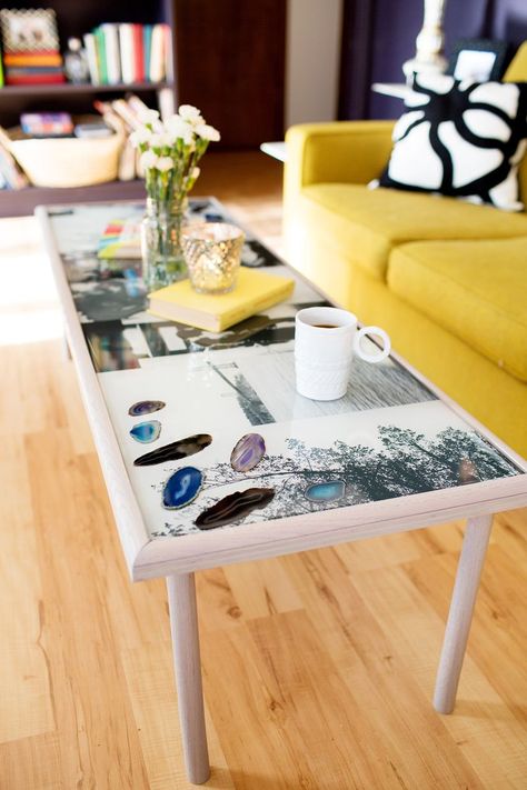 Diy epoxy coffee table by A Beautiful Mess Collage Table, Log Design, Furniture Build, Resin Coffee Table, Resin Photo, Resin Table Top, Diy Table Top, Epoxy Table Top, Extreme Makeover