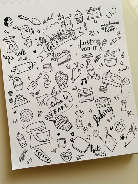 Baking Doodle Art, Baking Art Drawing, Baking Doodles Drawing, Baking Sketch Drawings, Baking Drawing Easy, Cooking Doodles Art, Bakery Doodle Art, Baking Journal Ideas, Baked Goods Drawing