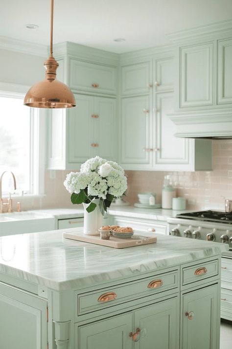 mint green pastel kitchen with gold Mint Green Farmhouse Kitchen, Mint Green And Black Kitchen, Mint And Gold Kitchen, Modern Pastel Kitchen, Mint Green Hallway, Green White Gold Kitchen, Mint Green Home Decor, Kitchen Pastel Colours, Mint Green Dining Room