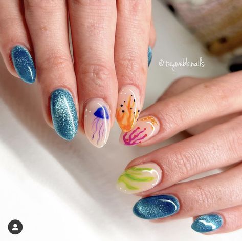 Sea Acrylic Nails, Beachy Nail Designs For Short Nails, Bachelorette Trip Nails, Colorful Beach Nails, Carribean Cruise Nail Ideas, Key West Nails, Europe Trip Nails, Cruise Ship Nails, Cruise Nails Bahamas