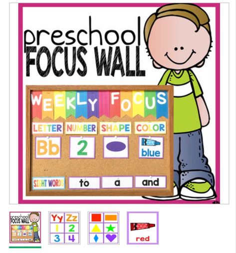 Preschool learning wall Wall Display Preschool, Focus Wall Ideas, Preschool Focus Wall, Free Phonics Games, Classroom Schedule Cards, Weekly Focus, Learning Wall, Focus Boards, Preschool Circle Time