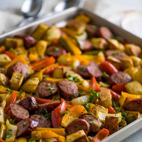 Sausage and Potatoes (Bake in Oven) Sausage Carrots And Potatoes, Dutch Oven Sausage And Potatoes, Baked Sausages In Oven, Kielbasa And Potatoes Bake, Sausage And Potatoes In Oven, Oven Baked Sausage, Bake Sausage In Oven, Sausage Sheet Pan, Sausage And Potato Bake