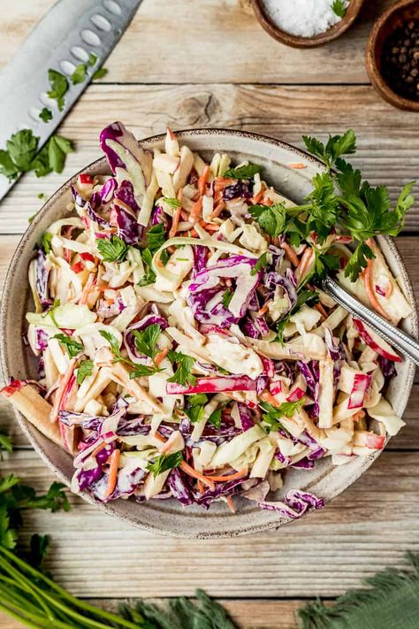 Whole30 Coleslaw, Ranch Potato Wedges, Paleo Coleslaw, Creamy Coleslaw Dressing, How To Make Coleslaw, Apple Coleslaw, Pan Seared Pork Chops, Seared Pork Chops, Coleslaw Dressing