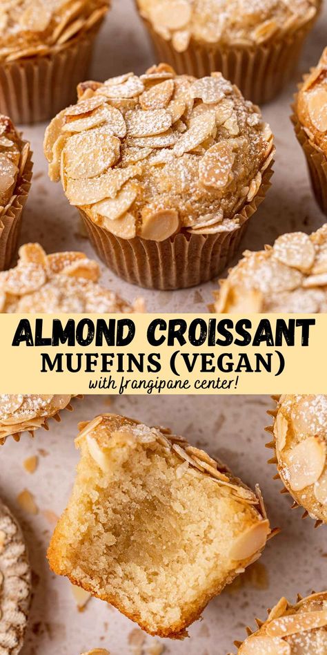 Soft vegan almond muffins inspired by almond croissants, with a gooey frangipane filling and crunchy almond topping. They taste like almond croissants but in an easy muffin form! Almond Paste Muffins, Gluten Vegan Dessert, Vegan Gluten Free Snacks Healthy, Vegan Almond Flour Muffins, Vegan Almond Dessert, Colorful Vegan Recipes, Almond Croissant Muffins, Gf Vegan Muffins, Vegan Almond Croissant