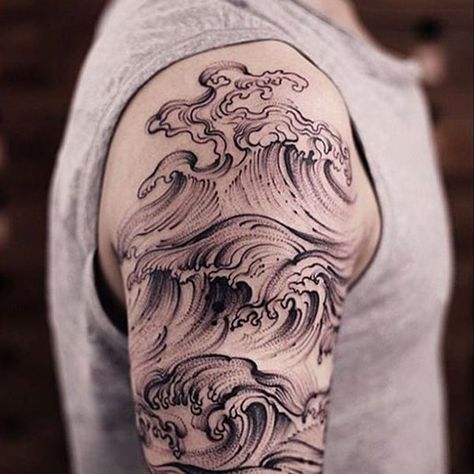 Wave Tattoo Sleeve, Yakuza Style Tattoo, Sea Tattoo Sleeve, Ocean Wave Tattoo, Ocean Sleeve, Wave Tattoo Design, Quarter Sleeve Tattoos, Sea Tattoo, Tattoos Mandala