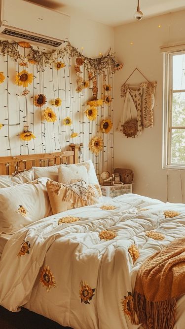 Sunflower Aesthetic Room Decor, Sunflower Inspired Bedroom, Sunflower Dorm Room Ideas, Sunflower Bedroom Decor Ideas, Yellow Themed Bedroom Aesthetic, Room Decor Soft Aesthetic, Sunflower Room Aesthetic, Yellow Bedroom Ideas Aesthetic, Cute Yellow Bedroom Ideas