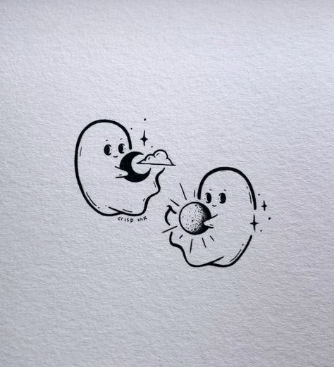 Cute Ghost Couple Tattoo, Cute Doodle For Boyfriend, Cute Ghost Couple Drawing, Best Friend Spooky Tattoos, Ghost Love Art, Couples Ghost Tattoos, Small Matching Bestie Tattoos, Ghost Friend Tattoos, Gost Drawings Halloween