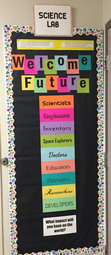 Science bulletin board - elementary school Science Back To School Bulletin Boards, Science Classroom Ideas Middle School, Middle School Science Door Decorations, Earth And Space Science Bulletin Boards, Life Science Decorations, Science Displays Secondary, Middle School Bulletin Boards Science, Chemistry Display Boards, Science Classroom Bulletin Board Ideas