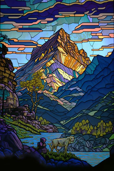 Majestic Glow creates a visual wonder of mountains illuminated during a sunrise/sunset, with the river and valley below dimly lit in mystery. A lone otherworldly animal is seen by the river. Checkout my website in my bio for more of my artworks, marketplace & social links. 🤟 Mosaic Mountains, Mountain Mosaic, Free Mosaic Patterns, Barton Springs, Middle School Art Projects, Landscape Pattern, Glass Window Art, Restaurant Ideas, Glass Inspiration