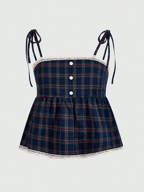 Blue Casual Collar  Woven Fabric Plaid,Tartan Cami Embellished Non-Stretch  Women Plus Clothing Tartan Clothing, Vintage Romper, Women Blouses Fashion, Fashion Top Outfits, Lace Cami Top, Plus Size Tank Tops, Lace Cami, Plaid Fashion, Vintage Plaid