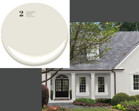 6 Show Stopping Whites That Deliver Every Time | blog | brickbatten Benjamin Moore Exterior, Front Landscape, Warm Paint Colors, Painted Brick House, Exterior Houses, Paint Your House, Colonial Exterior, Exterior Paint Color, Exterior Paint Colors For House