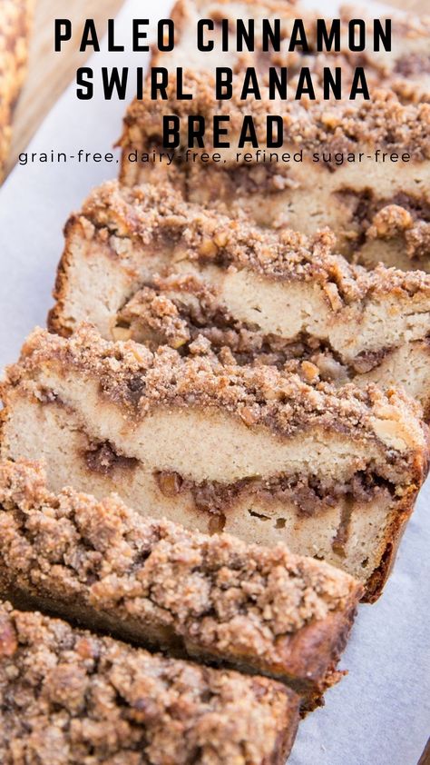 Paleo Cinnamon Swirl Banana Bread - The Roasted Root Paleo Quick Bread, Refined Sugar Free Banana Bread, Whole 30 Banana Dessert, Paleo Banana Recipes, Banana Bread Paleo, Paleo Dessert Recipes, Cinnamon Swirl Banana Bread, Banana Coffee Cakes, Cinnamon Banana Bread