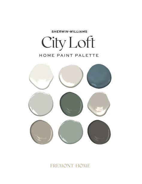 This set of nine curated colors was created to coordinate around Sherwin Williams City Loft - a soft light gray. Finding the right colors to paint your home should be fun and easy! This digital color collection includes nine coordinating colors with complementary undertones. The guide includes suggestions for placement, coordinating white colors for trim and ceilings. -- Included Inside the Guide: 1. Real-life photos of design projects with each color in use. 2. Guide for where to best use each Gray Complementary Colors, Sherwin Williams City Loft Color Palette, Sw Riverway Coordinating Colors, Sherwin Williams City Loft Living Rooms, City Loft Color Palette, City Loft Coordinating Colors, Grey Floors Wall Color Ideas, Sw City Loft, Anthro Bedroom