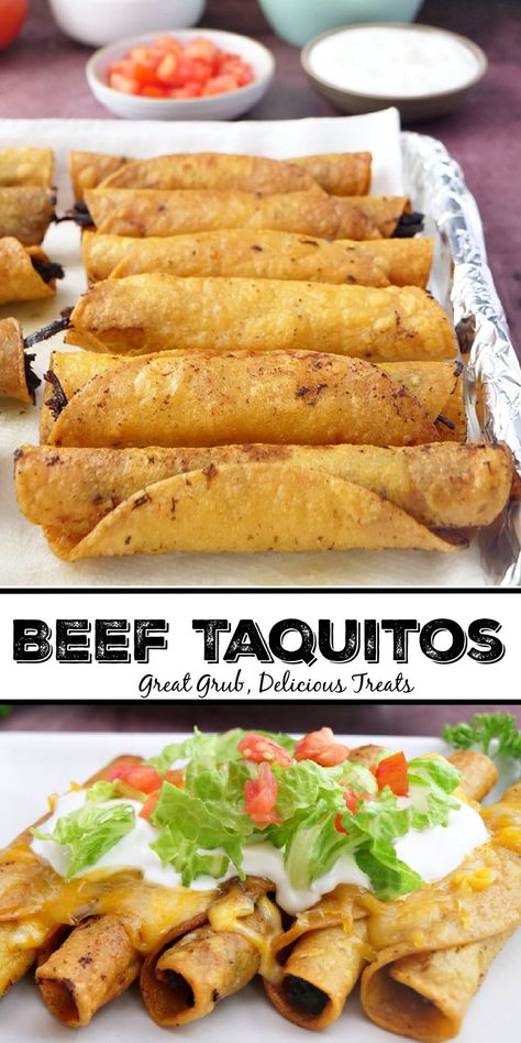 A double photo collage of beef taquitos on a cookie sheet and on a white plate topped with sour cream, lettuce, and diced tomatoes. Taquitos Shredded Beef, How To Make Taquitos Beef, Home Made Taquitos Beef, Easy Beef Taquitos, Baked Beef Taquitos Recipe, Roast Beef Taquitos, Leftover Roast Beef Taquitos, Taquitos For A Crowd, Keto Taquitos Beef