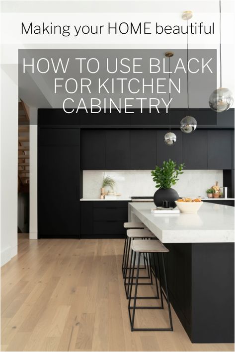 How to use black for kitchen cabinetry - Making your Home Beautiful Black Wall Cabinets Kitchen, Black Kitchens Cabinets, Black Bottom White Top Cabinets, Black Kitchen Black Handles, Black Cabinetry Kitchen, Apartment Kitchen Black And White, Matt Black Kitchen Cabinets, Black Kitchens Modern, Black Scandinavian Kitchen