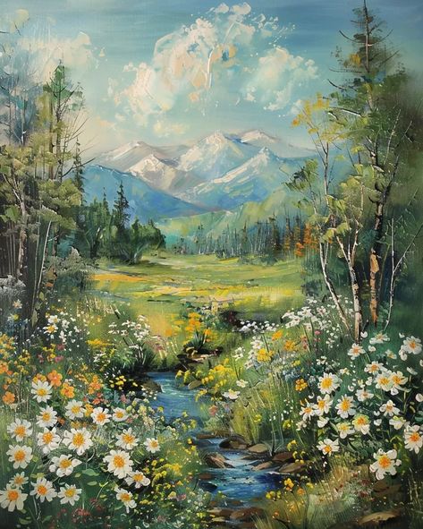 Realistic mountain landscape with meadow, stream, and snow-capped peaks. Landscape Photos To Paint Inspiration, Flower Landscape Ideas Painting, Acrylic Painting Ideas Landscape Mountains, Greenery Landscape Painting, Montana Oil Painting, Mountain Meadow Painting, Mountain And Flowers Painting, Mountains And Flowers Painting, Big Nature Painting