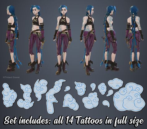 📸MORE PHOTOS COMING SOON ⭐ALL TATTOOS ARE PRECUT AND READY TO APPLY⭐ Temporary Tattoos for Jinx from Arcаne. As accurate with the series as possible. Set consists of tattoos for shoulder, arm, forearm, chest, stomach and back. Tattoos have one size of scaling (scaled for 165cm/5'4 height). Custom scaling is available, but please note - this will add costs to final price of your order. All Tattoos are drawn by me in high quality, I can make them any size or color you need 🙂 With these tattoos y Croquis, Jinx Tattoo Reference, Arcane Jinx Tattoo Design, Jinx Full Body Arcane, Jinx Arcane Tattoo Ideas, Jinx Arcane Costume, Top Surgery Scars Reference Drawing, Jinx Poses, Jinx Cloud Tattoo