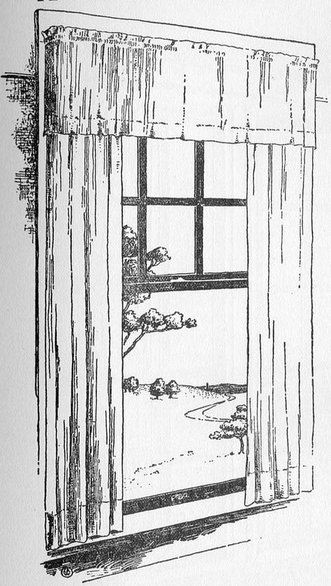 Typical of a bedroom window with a heavier fabric and valance mounted on nesting sizes of goose-neck curtain rods.   Designs had not yet been developed at the time of these illustrations in The Craftsman in June 1903 but plain, sometimes hemstitched curtains of this type remained appropriate throughout the Craftsman era. Curtain Illustration Drawings, Drawing Of Curtains, Bedroom Window Drawing, Outside The Window Drawing, Curtain Drawing Sketch, How To Draw A Window, Window With Curtains Drawing, Window Design Drawing, Window Drawing Sketch