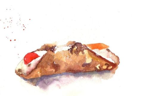 Sicilian Cannolo made with fresh ricotta cheese. Sketched in watercolour by Cathy Holtom http://cathyholtomdustylane.blogspot.it/ Cannoli Illustration, Sicily Food, Fresh Ricotta, Color Pencil Sketch, Pencil Sketching, 2024 Art, Inspo Art, Watercolor Food, Food Painting