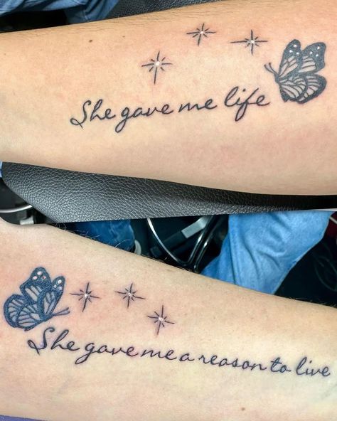 mother daughter tattoos #motherdaughtertattoos #motherdaughtergoals #tattoo #matchingtatto #butterflytattoo #butterfly #mommyandme #life #tattooideas #qoute Tattoos About Being A Mom, Tattoo For Your Mother, Mother Daughter Tattoos With Butterflies, Mom And Daughter Tattoos Unique Butterfly, Mother Daughter Shoulder Tattoos, Tattoo Idea Mother Daughter, She Gave Me Life She Gave Me Purpose, Tattoos For Mother And 2 Daughters, Momma Daughter Tattoos