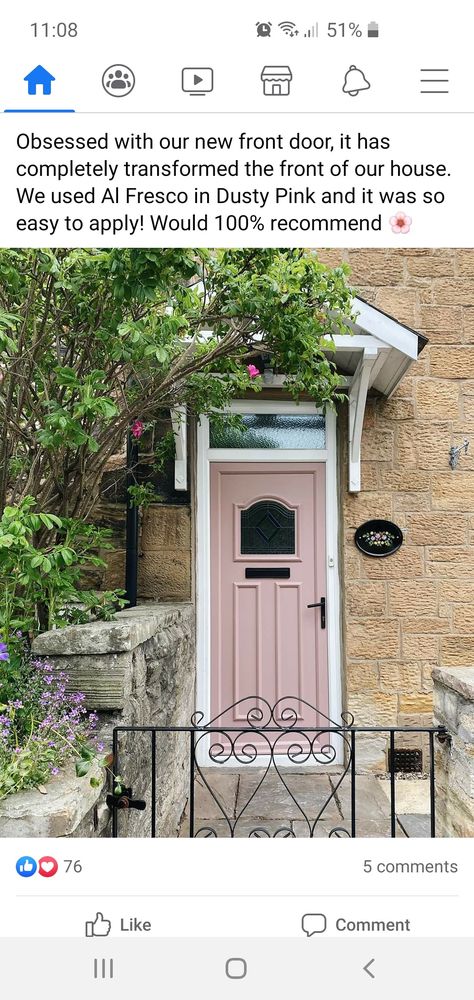 Dusty Pink Front Door, Dusky Pink Front Door, Pink Interior Door, Pink Front Door Brick House, Light Pink Door, Pink Front Doors, Front Door Plants, Pink Front Door, Black Shutters