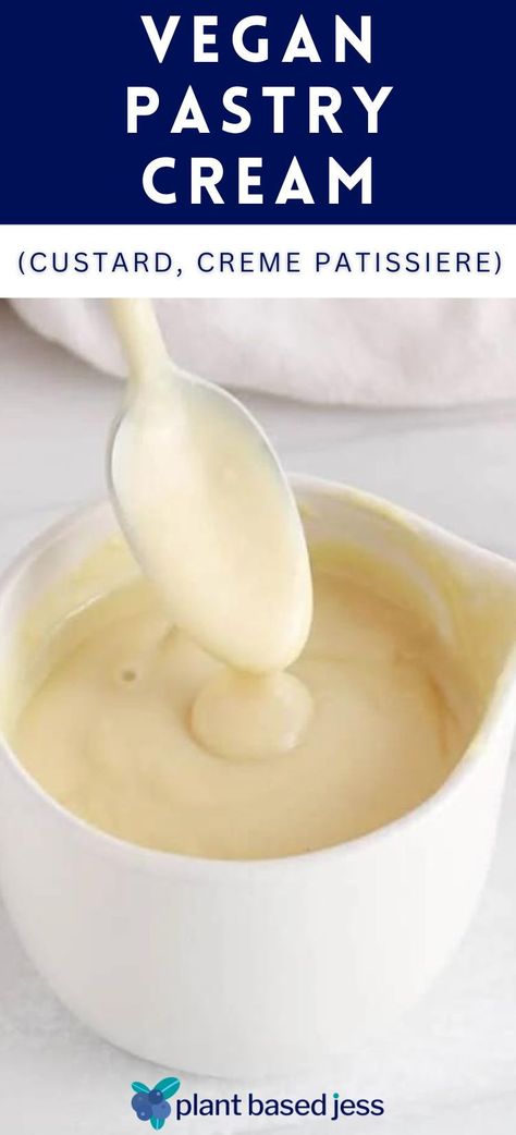 Make a vegan pastry cream (custard) within 10 minutes with this very easy recipe! It includes only 4 ingredients that you probably already have on hand and it makes for the BEST sweet vanilla-flavored sauce for tarts, fruit crumbles, cakes and donuts. Vegan Custard Recipe, Vegan Custard, Vegan Afternoon Tea, Vegan Pastry, Egg Free Desserts, Vanilla Desserts, Pastry Cream Recipe, Vegan Pudding, Custard Sauce