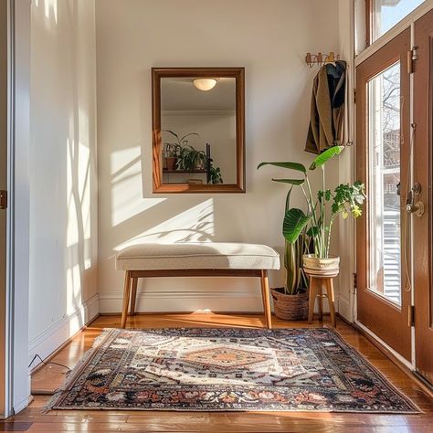 Serene entryway with sunlight streaming through glass door, bench, plant, rug, and wall art. Get inspiration for a welcoming home design. Entryway Mirror And Bench Ideas, Earth Tone Entry Way, Cozy Modern Entryway, Entryway No Foyer, Entryway Decor Scandinavian, Short Entryway Ideas, Entrance Area Design Entryway, Warm Entryway Ideas, Cozy Home Entrance