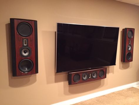 Legacy's Silhouette On-Wall Speaker System, in Rosewood finish. Custom Speaker Boxes, Wall Speakers, Speaker Wall, Audio Shelf, Speaker Wall Mounts, Home Theater Room Design, Theater Room Design, Speaker Projects, Modern Tv Wall