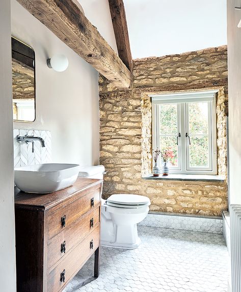 Cottage bathroom ideas: 22 practical spaces full of character | English Cottage Bathroom, Rock Cottage, Cottage Bathroom Ideas, Cotswold Cottage, Disc Interiors, Farmhouse Bathroom Ideas, Living Room Images, Inglenook Fireplace, Cottage Renovation