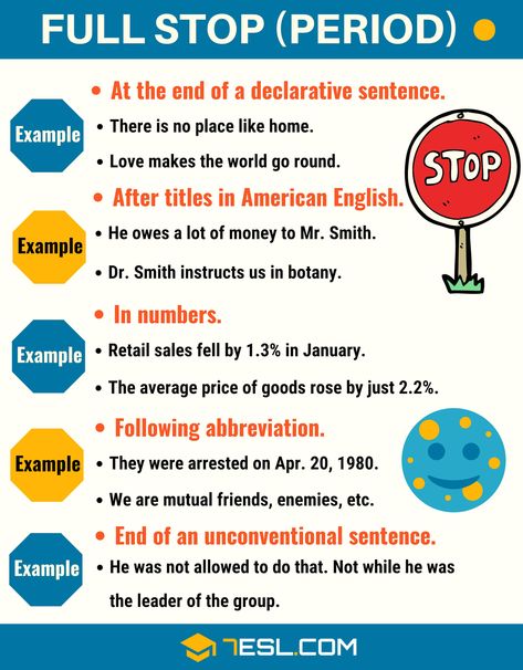 Full Stop (.) When to Use a Full Stop (Period Punctuation) - 7 E S L Full Stop Punctuation, Punctuation Tips, Declarative Sentences, Punctuation Rules, Grammar Posters, English Grammar Rules, Full Stop, Learn English Grammar, British English