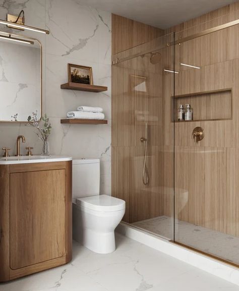 Shop Wood Look Tile | Claim Your $1 Tile Samples Today Wood Tile Shower Wall, Wood Tile Shower Ideas, Long Bathroom Design, Bathroon Ideas, Stunning Bathroom Ideas, Travertine Tile Bathroom, Brown Tile Bathroom, Wood Tile Shower, Wood Look Tiles