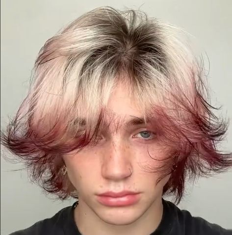 Transmasc Hair Dye Ideas, Short Hair With Red Ends, Dyed Male Hair, Bleached Hair With Colored Tips, Fox Dyed Hair Tips, Short Blonde Hair With Red Tips, Fox Hair Color Tips, Guys Dyed Hair Ideas, Guy Hair Color Ideas