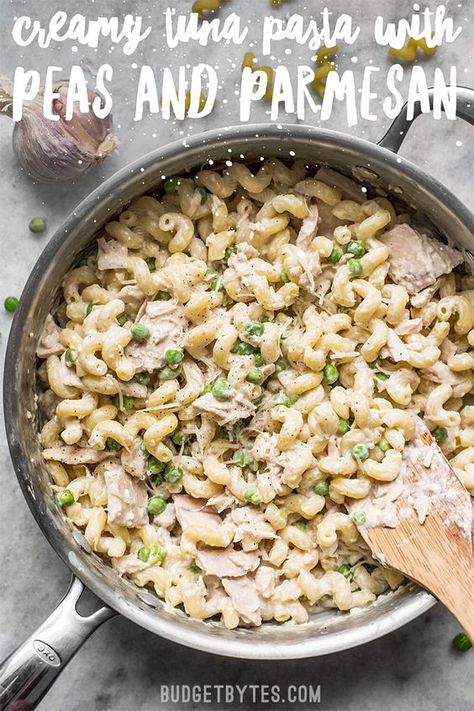 This quick and comforting Creamy Tuna Pasta with Peas and Parmesan is a fast and easy weeknight dinner that only requires a few simple ingredients. #pasta #tuna #onedish #easyrecipe #seafood #easyrecipes #dinnerrecipes #dinnerrecipe #dinner Pasta And Peas, Creamy Tuna Pasta, Cream Cheese Pasta, Pasta With Peas, Pasta Alfredo, Tuna Pasta, Parmesan Recipes, Tuna Recipes, Creamy Pasta