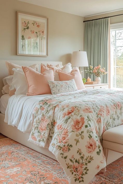 Bedroom Inspo For Big Rooms, Green Pink And Cream Bedroom, Light Peach Bedroom Walls, Pastel Green Bedroom Walls, Pink And Sage Green Bedroom Ideas, Peach Guest Bedroom, Pastel Green Room Ideas Bedroom, Light Pink And Gold Bedroom, Peach And Cream Bedroom