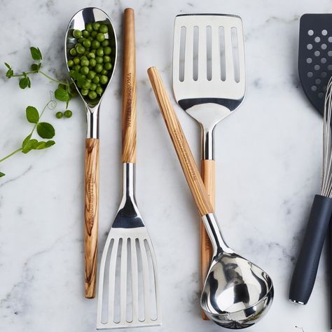 Williams Sonoma Stainless Steel Olivewood Kitchen Utensils | Williams Sonoma Williams Sonoma Kitchen Utensils, Best Kitchen Utensils, Non Toxic Kitchen Utensils, Kitchen Counter Christmas Decor, Green Utensils, Homesteading Gifts, Fish Spatula, Wooden Cooking Utensils Set, Minimalist Kitchen Decor