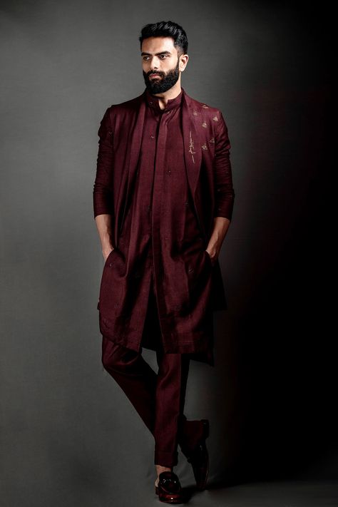 Buy Maroon Slub Silk Embroidered Jacket And Kurta Set For Men by Jatin Malik Online at Aza Fashions. Maroon Kurta Men With Jacket, Wine Colour Kurta For Men, Honey Outfits, Jatin Malik Couture, Jatin Malik, Collar Kurta, Dabka Work, Wedding Kurta, Wedding Kurta For Men