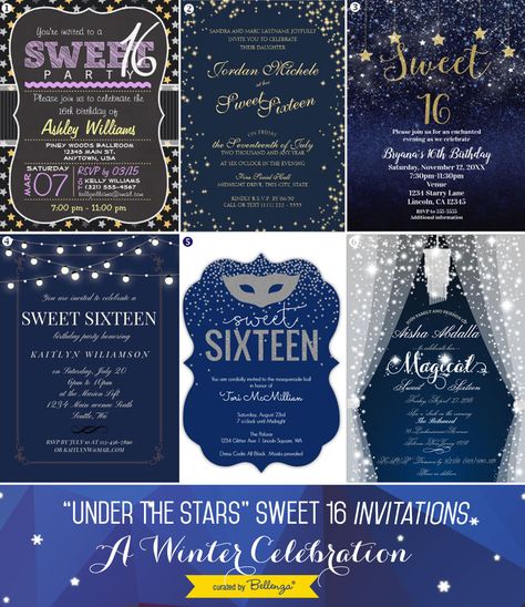 Sweet 16 Themes Under The Stars, Stary Night Sweet 16 Party Ideas, Star Theme Sweet 16, Under The Stars Sweet 16 Decoration, Starry Night Sweet 16 Invitations, Sweet 16 Winter, Sweet 16 Party Invitations, Sweet Sixteen Birthday Invitations, Winter Party Themes