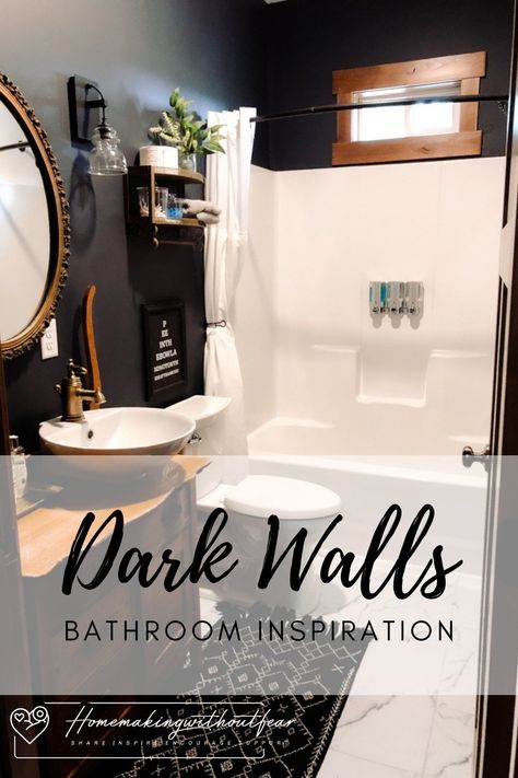 Black Bathroom White Wainscoting, Dark Wall And Ceiling Bathroom, Dark Wall Light Floor Bathroom, Men’s Small Bathroom Ideas, Bathroom Remodel Dark Walls, Small Bathroom Dark Paint Ideas, Charcoal Walls Bathroom, Dark Paint Master Bath, Small Dark Bathrooms Ideas