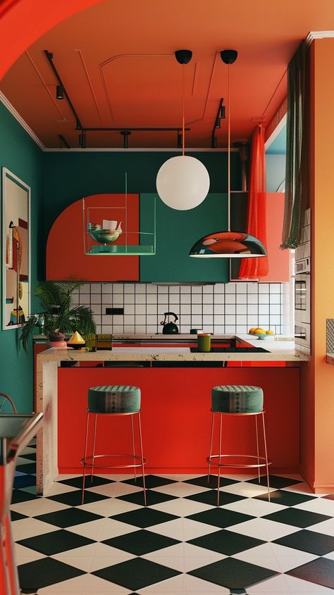 Interior Design Post Modern, Kitchen Design Bright Colors, Bright Colors Interior Design, Maximal Interior Design, Eclectic Vintage Interior, Bright Modern Interior, Scandinavian Retro Interior, Split Complementary Interior Design, Post Modern Kitchen