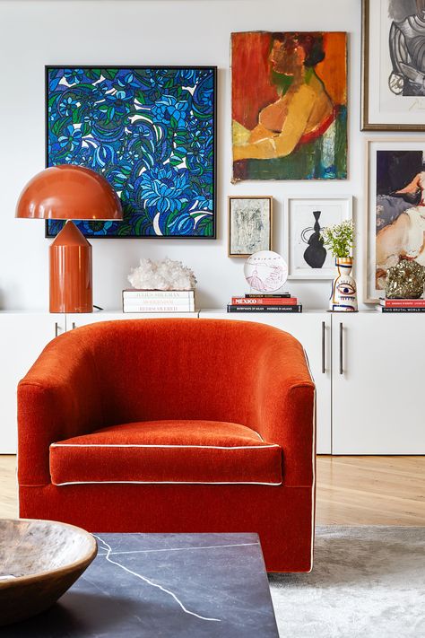 Playful Living Room, Playful Interior, Designer Accent Chairs, Orange Furniture, Farmhouse Side Table, Cute Dorm Rooms, Red Chair, Family Decor, Transitional Living Rooms