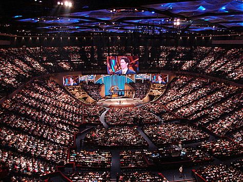 Lakewood Church, housed in a former basketball arena, is the country's second largest megachurch. Joel Osteen, Church Design Architecture, Church Building Design, Lakewood Church, Church Interior Design, The Gilded Age, Apocalypse Art, Church Interior, Church Building