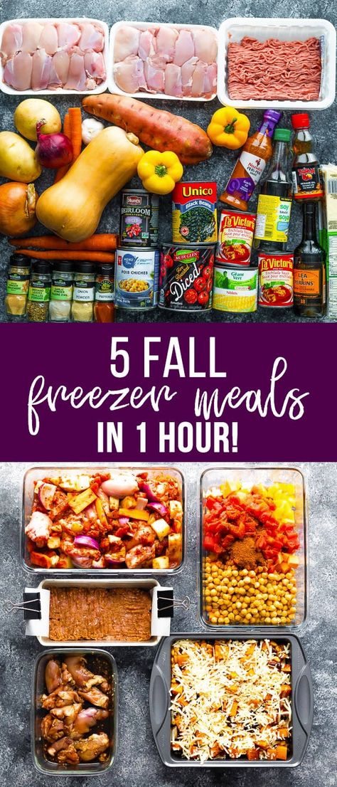 Stock your freezer up with five healthy dinners in just one hour. This fall freezer dinner stock up is made with wholesome ingredients, delicious, and easy to prepare. #sweetpeasandsaffron #freezer #mealprep #roundup #makeahead #healthy Easy Fall Freezer Meals, Fall Freezer Meals Healthy, Fall Freezer Meal Prep, 5 Dinners 1 Hour Recipes, Five Dinners One Hour Meals, Fall Meal Prep Dinner, Easy Prep Ahead Dinners, Fall Freezer Meals, Holistic Postpartum