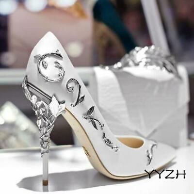 Womens Metal Decor Stilettos High Heels Elegant Pumps Wedding Party Stage Shoes | eBay White Pointe Shoes, Weddings Shoes, White Heels Wedding, Ladies High Heels, Fairy Shoes, Flower Heels, Elegant Pumps, Pointy Toe Shoes, Bridal Heels