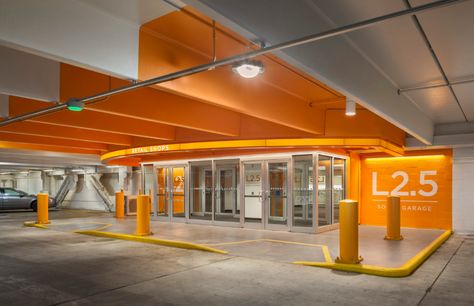 Providence Place Garage Wayfinding – Arrowstreet Shopping Center Architecture, Car Park Design, Elevator Lobby Design, Garage Design Interior, Park Signage, Wayfinding Signage Design, Elevator Lobby, Garage Entry, Airport Design