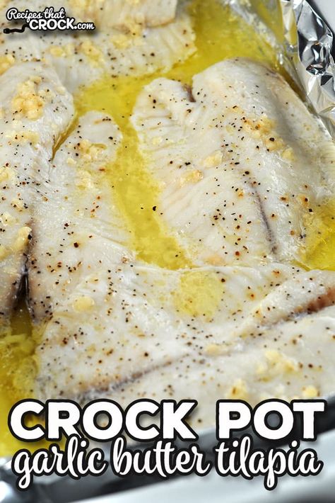 This Crock Pot Garlic Butter Tilapia recipe gives you flavorful, flaky tilapia with very little effort. It cooks quickly and is perfect for an easy dinner. Fish In Crockpot, Crockpot Fish Recipes, Slow Cooker Fish Recipes, Crock Pot Shrimp, Tilapia Recipes Easy, Tilapia Recipe, Easy Crockpot Dinners, Tilapia Recipes, Crock Pot Recipes